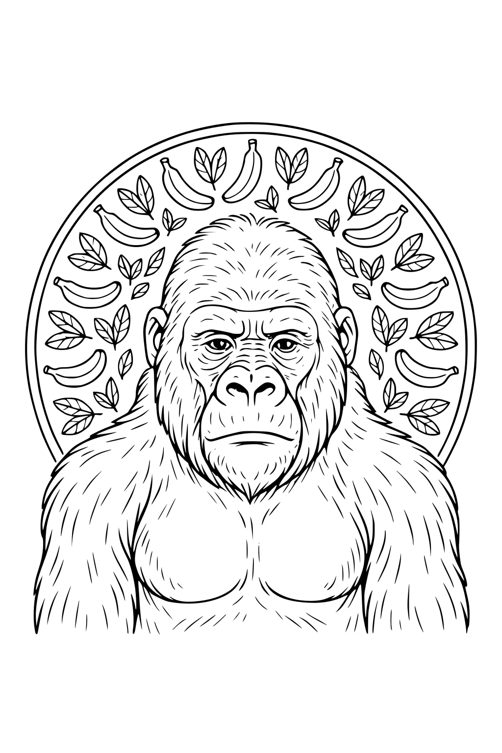 Gorilla with thick fur framed by circular border with bananas and leaves.