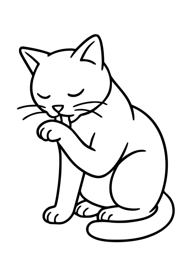 Free Cat Coloring Page - Calm Kitty Licking Her Paw (Printable PDF)