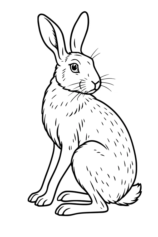 Free Hare Coloring Page - Sitting Hare With Big Upright Ears (Printable PDF)