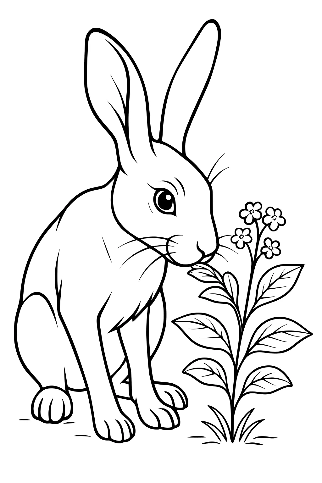 Hare sitting and sniffing a blooming wildflower plant with grass below.