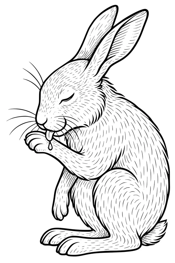 Free Hare Coloring Page - Cute Bunny Washing Its Paw (Printable PDF)