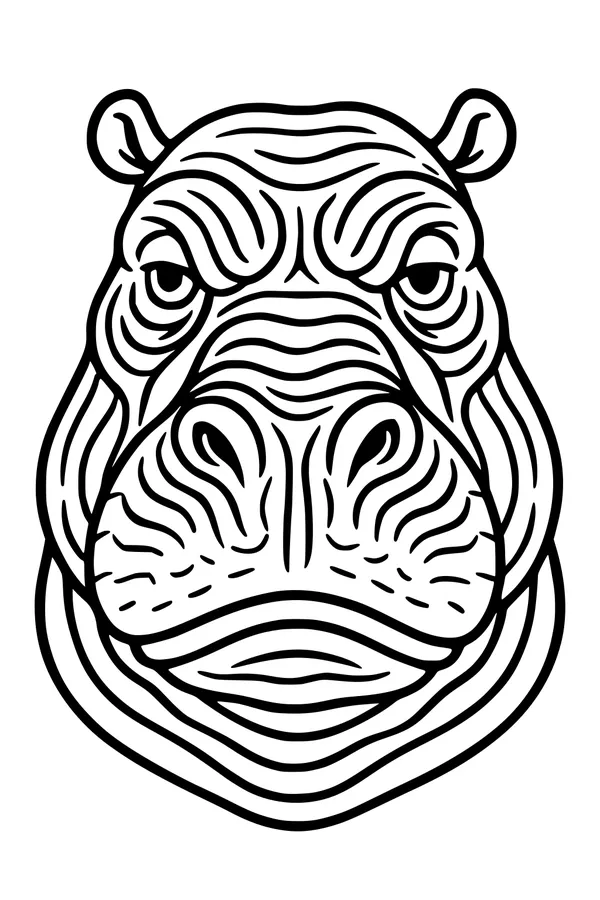 Free Hippopotamus Coloring Page - Wrinkly Hippo Face Close-Up (Printable PDF)