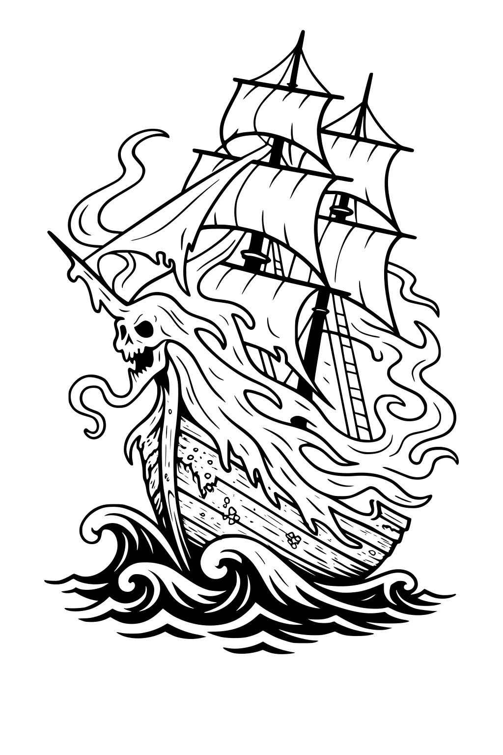 Ghostly sailing ship with skull figurehead and swirling kraken tentacles, tall masts with puffed sails, riding dark waves.