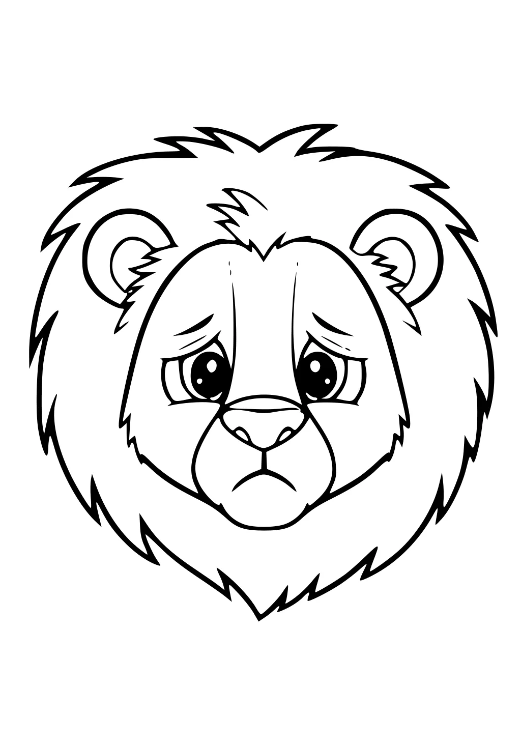 Sad lion face with large fluffy mane, big eyes, droopy eyebrows, and a frown. Simple line art for kids.