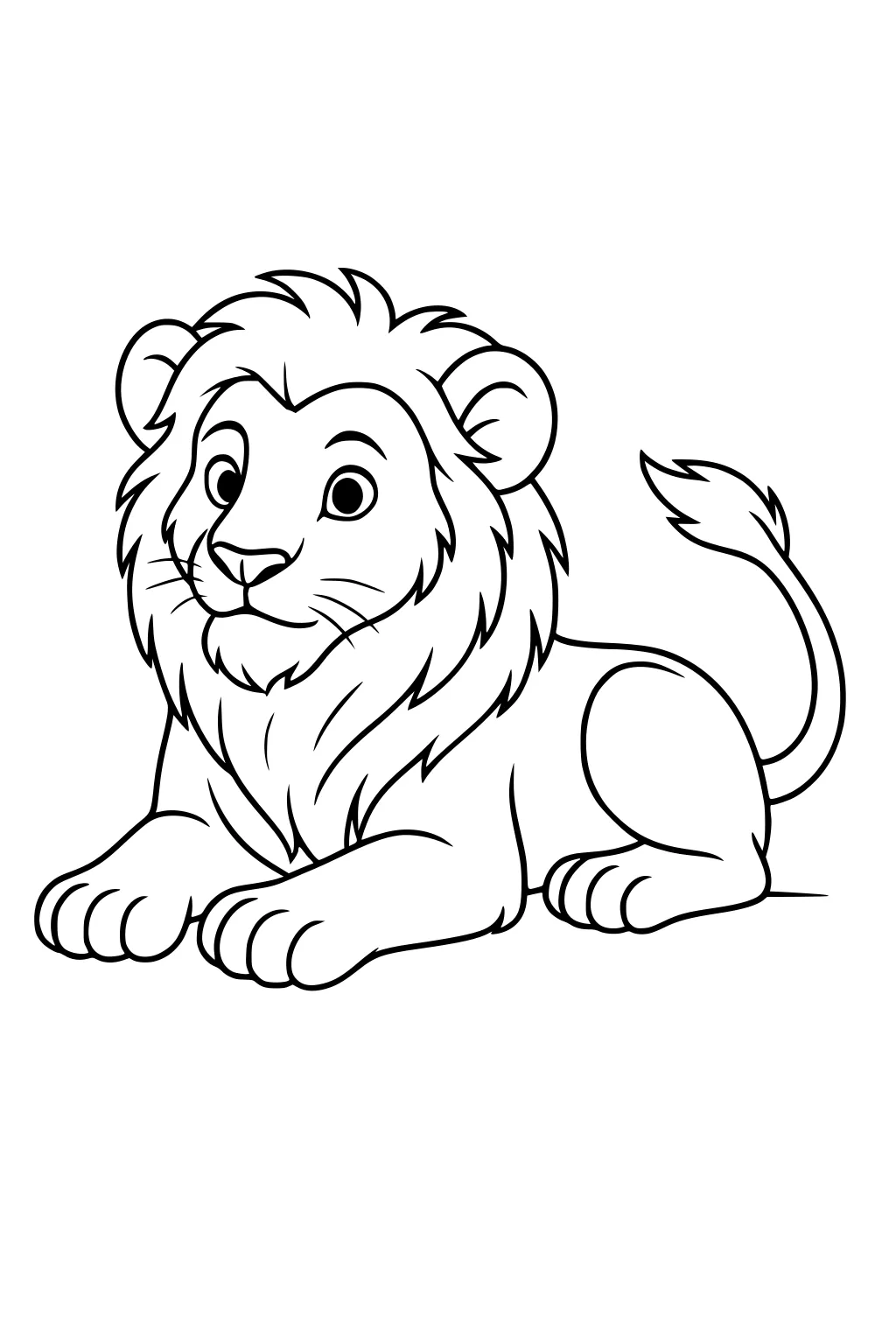 Cartoon lion cub with large mane lying down, front paws crossed, tail curled, looking forward.