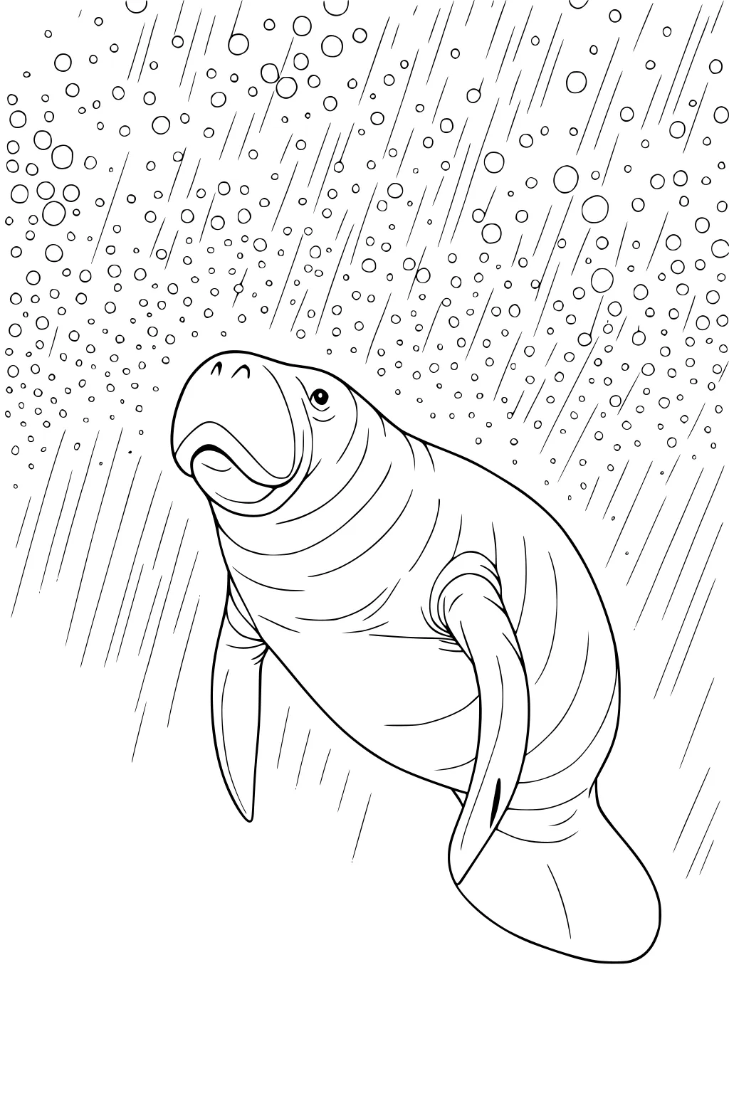 Manatee swims underwater with outstretched flippers, surrounded by floating bubbles and sunbeams, wrinkles on its body.