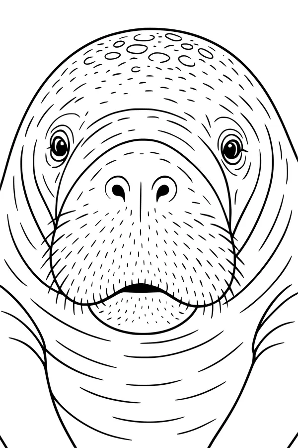 Free Manatee Coloring Page - Cute Big Nose Face Close-Up (Printable PDF)
