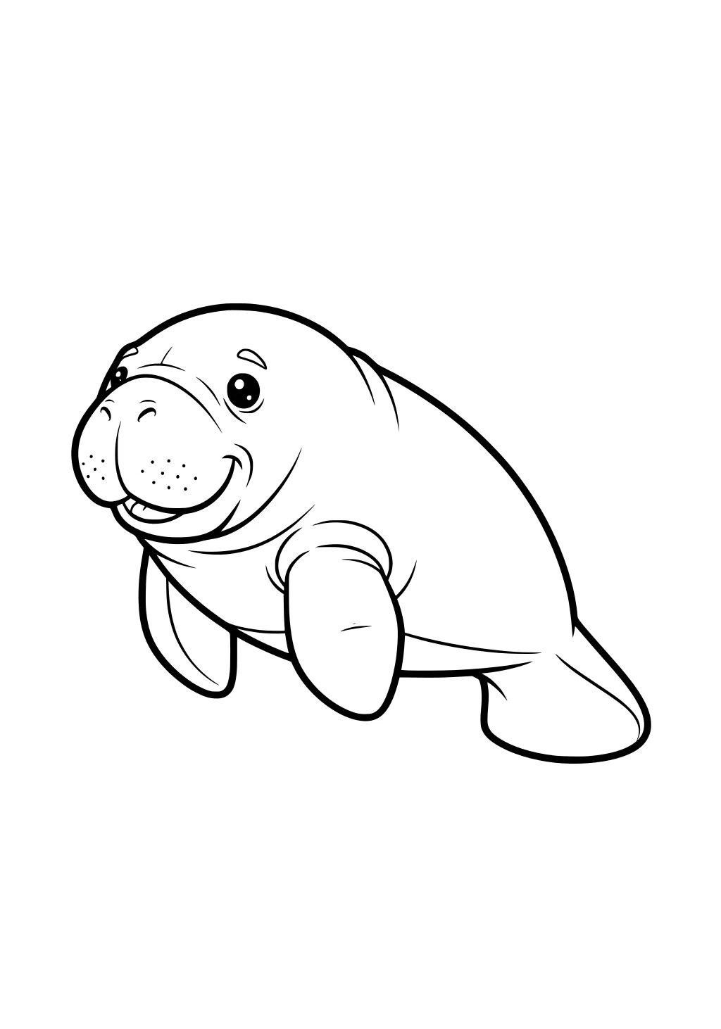 Happy cartoon manatee with a smiling face, big eyes, and spotted nose, floating with flippers out in clear white space.