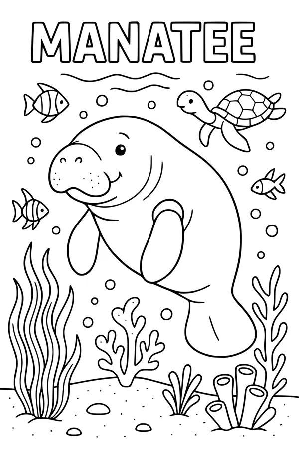 Free Manatee Coloring Page - Smiling Sea Friends Underwater (Printable PDF)