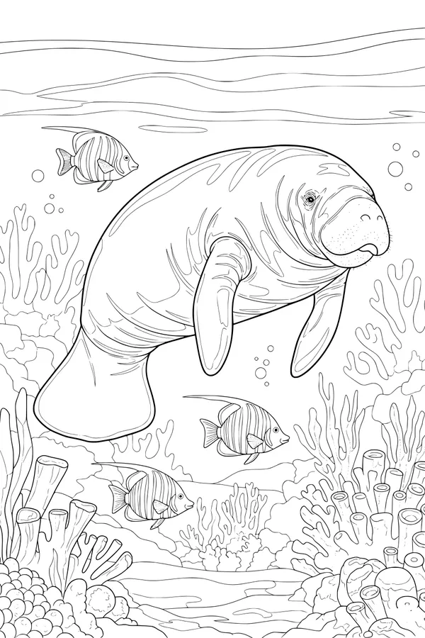 Free Manatee Coloring Page - Gentle Giant in Coral Reef (Printable PDF)