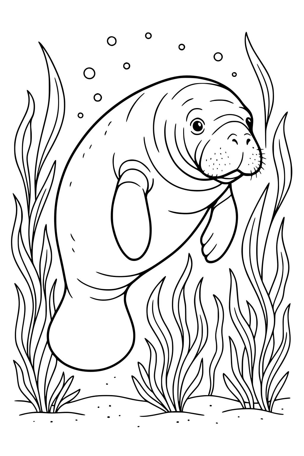 Manatee with flippers swimming among seagrass and bubbles in the water.