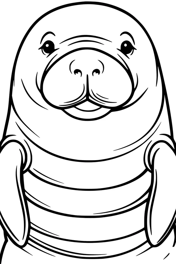Free Manatee Coloring Page - Smiling Sea Cow Front View (Printable PDF)