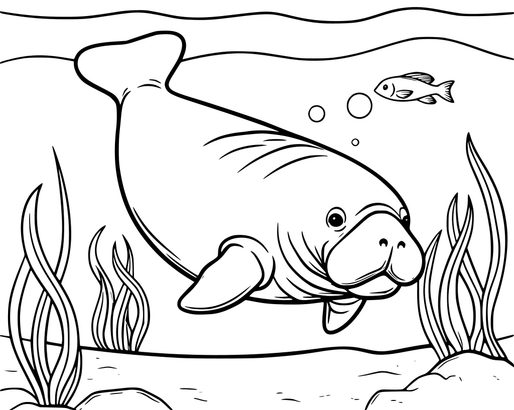 Manatee swimming underwater with seaweed, rocks, and a small fish beside it.