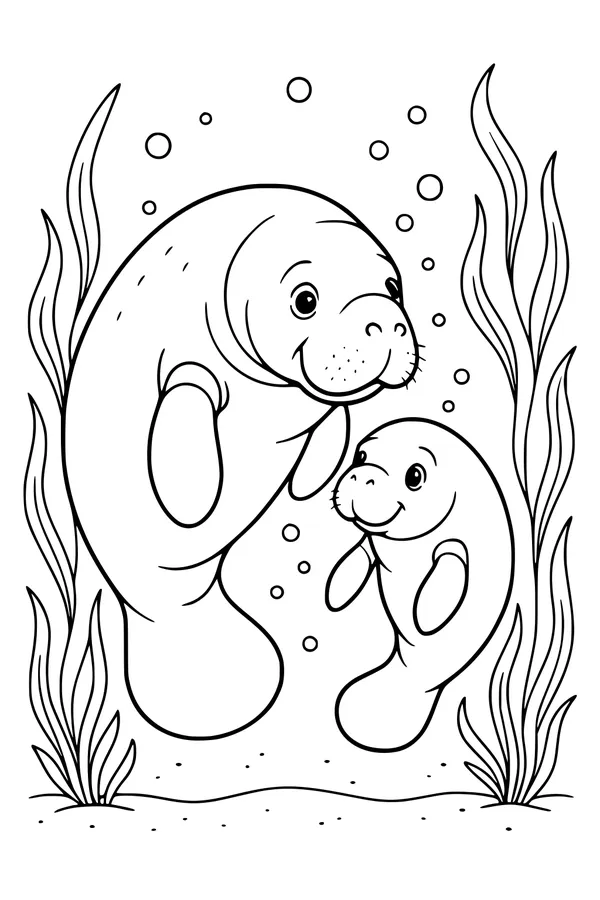 Free Manatee Coloring Page - Mama And Calf Underwater (Printable PDF)