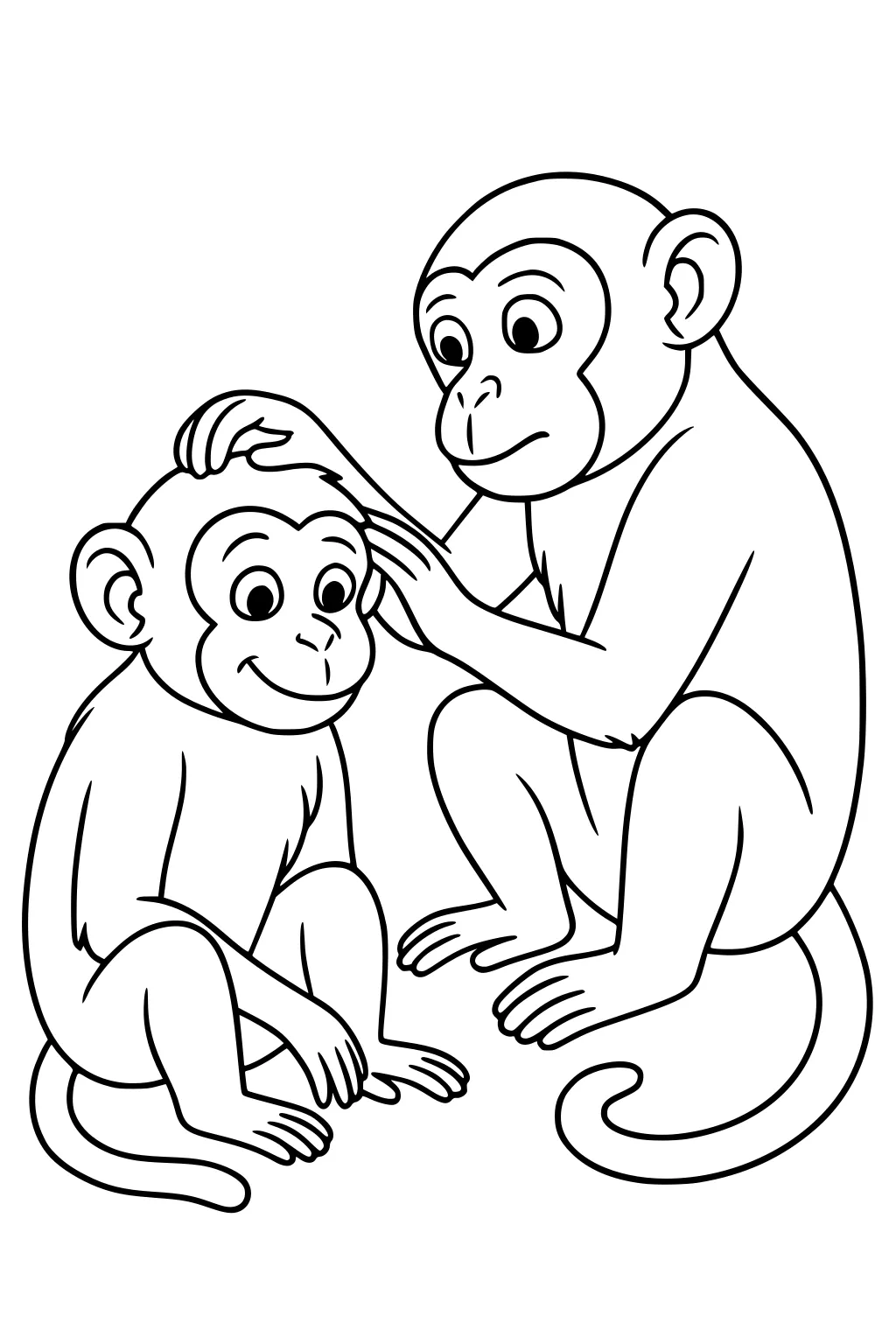 Mother monkey grooming her baby boy monkey, both sitting with big eyes and curled tails.