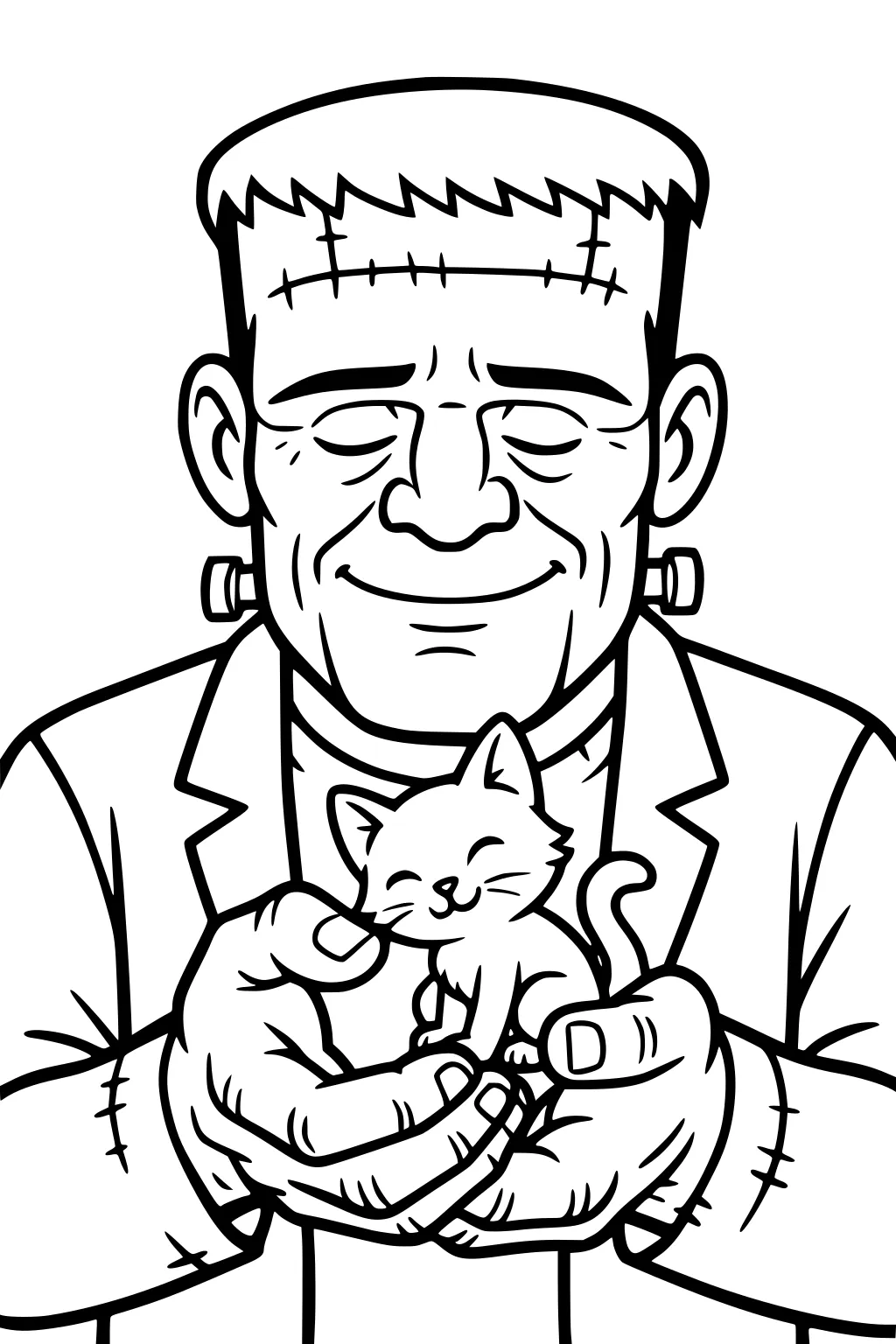 Friendly Frankenstein's monster smiling with eyes closed, cradling a small happy kitten in his big hands.