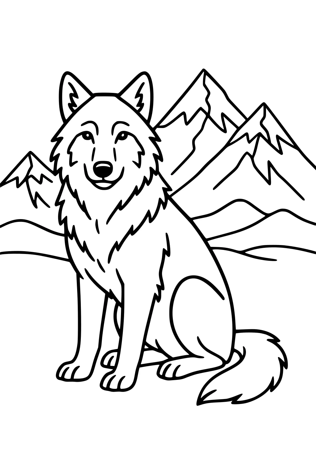 Cartoon wolf sits with fluffy tail before snowy mountain peaks, facing forward with perked ears and calm eyes.