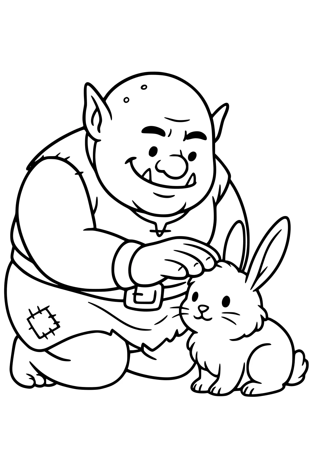 Smiling ogre kneels, petting a fluffy rabbit; tusks, pointy ears, belt and patched shorts in simple line art.