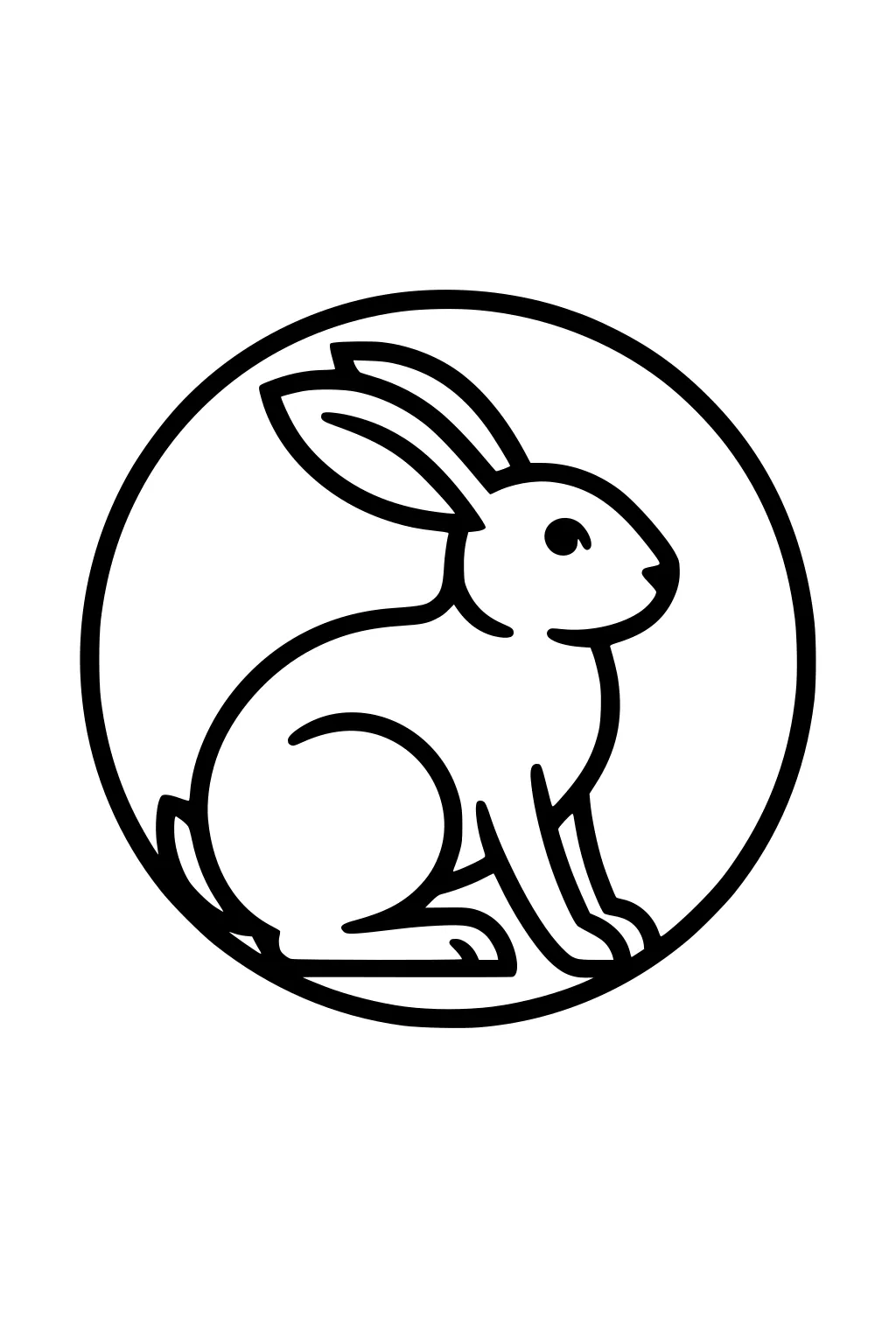 Black outline drawing of a rabbit with long ears sitting inside a circle.