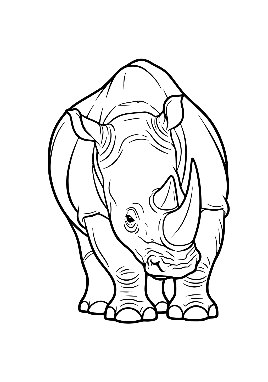 Front-view rhinoceros with two horns, wrinkled skin, small ears, and big feet, outlined for coloring.