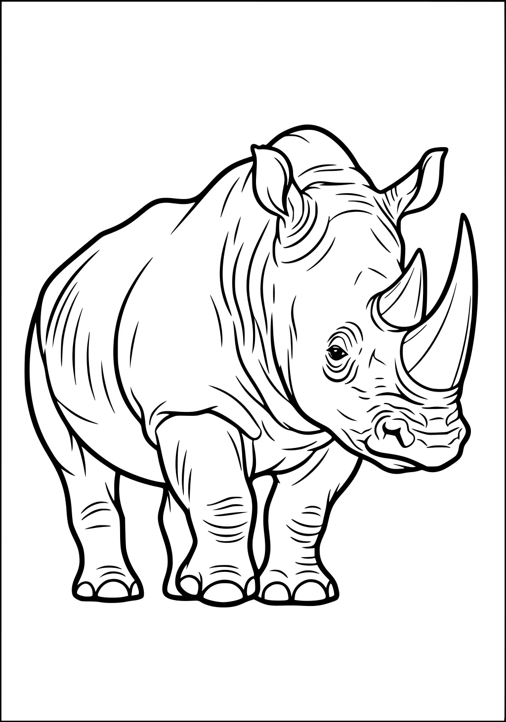 Outline drawing of a rhinoceros with two horns, wrinkled skin, four legs, perked ears, and a visible tail.