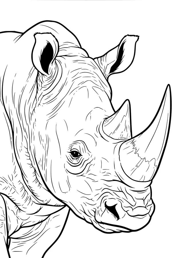 Free Rhinoceros Coloring Page - Realistic Big Horn Rhino (Printable PDF)