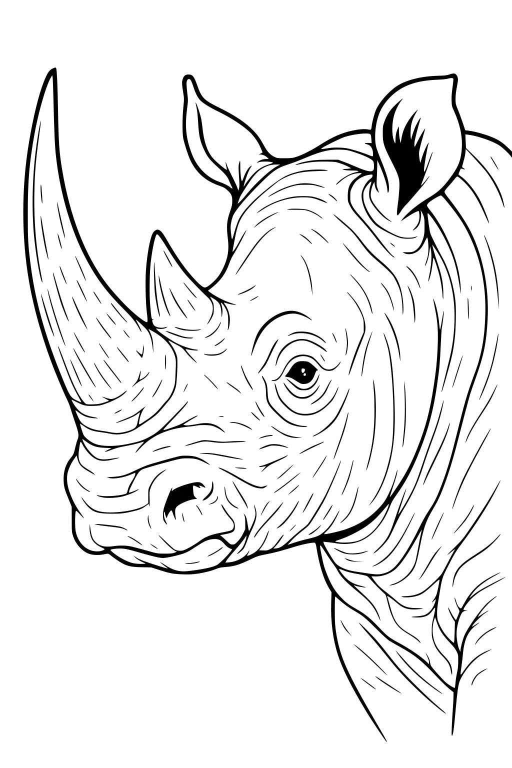 Profile of a rhinoceros head with two horns, wrinkled skin, and upright ears drawn in black outline.