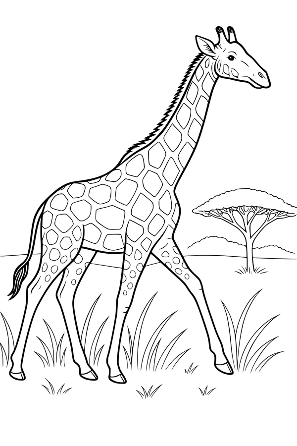 Free Giraffe Coloring Page - Tall Giraffe in Savanna Grass (Printable PDF)