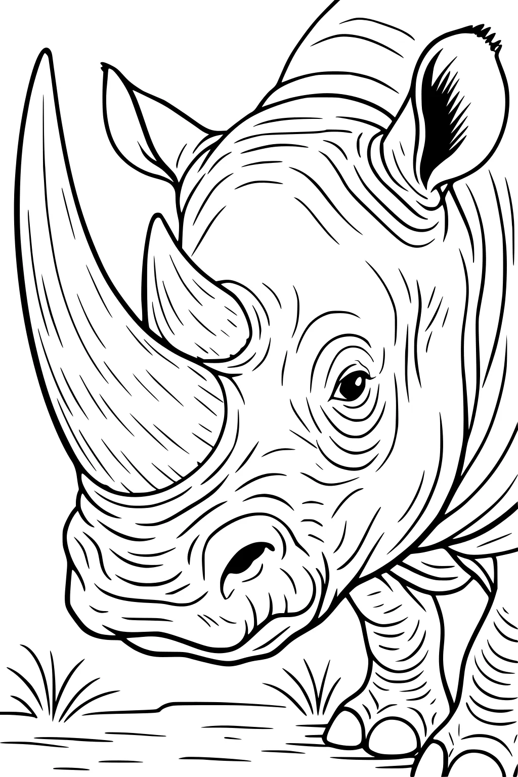 Rhinoceros with two horns and wrinkled skin walking through grass, shown from the front and side.