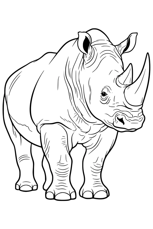 Free Rhinoceros Coloring Page - Realistic Two-Horned Rhino Standing (Printable PDF)