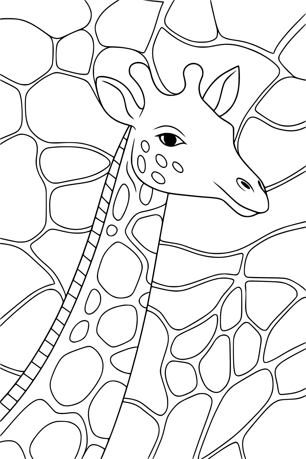 Giraffe with a long neck and spots, surrounded by large abstract mosaic shapes in the background.