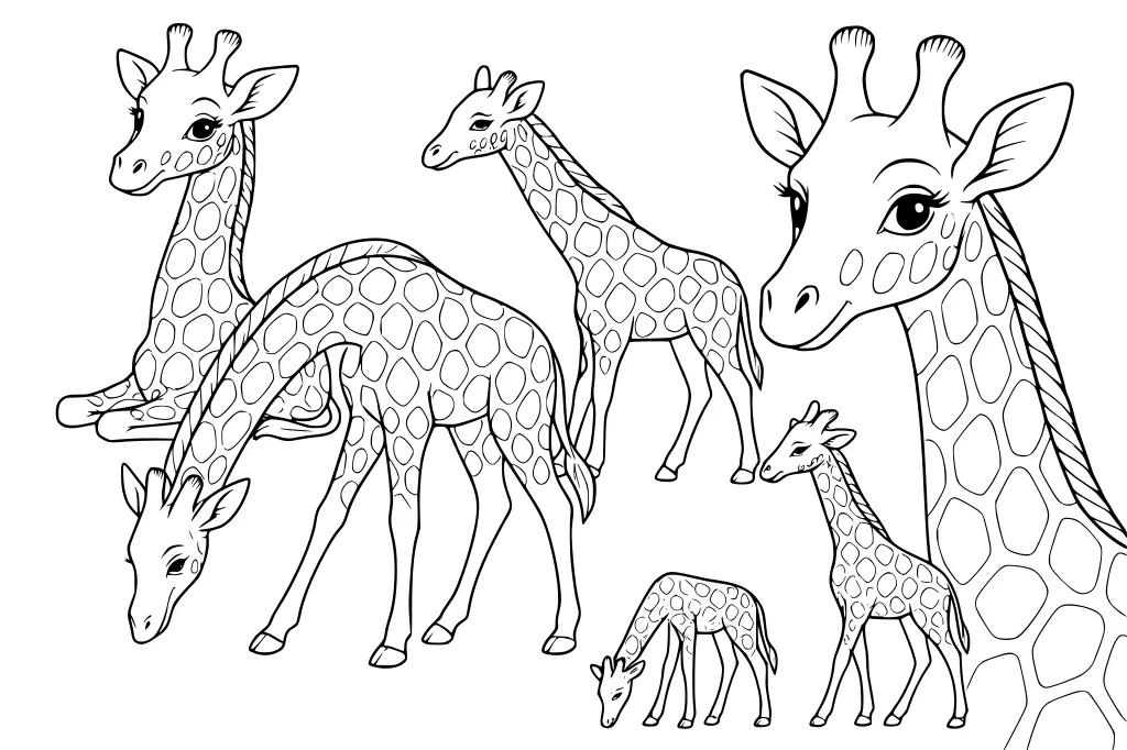 Five giraffes with long necks and spots in various poses, including one close-up head and one grazing on the ground.