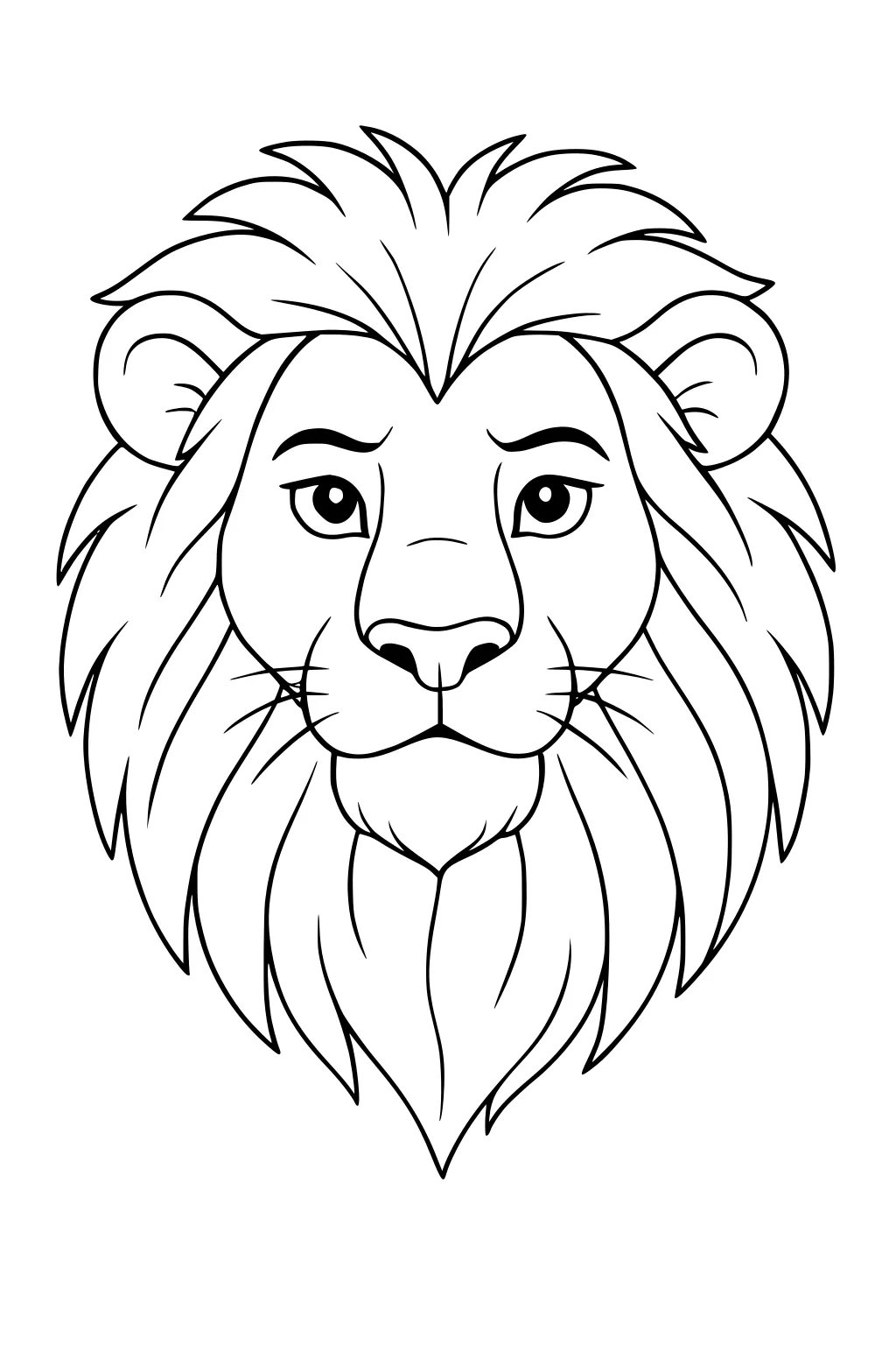Lion face with large flowing mane, wide eyes, rounded nose and prominent whiskers, outlined for coloring.