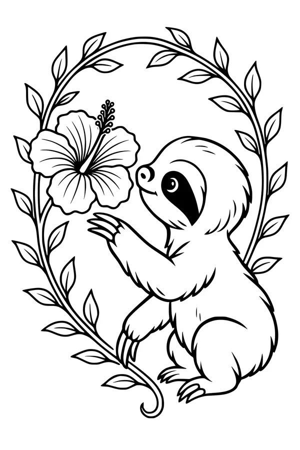 Free Sloth Coloring Page - Smiling Sloth With Tropical Flower (Printable PDF)
