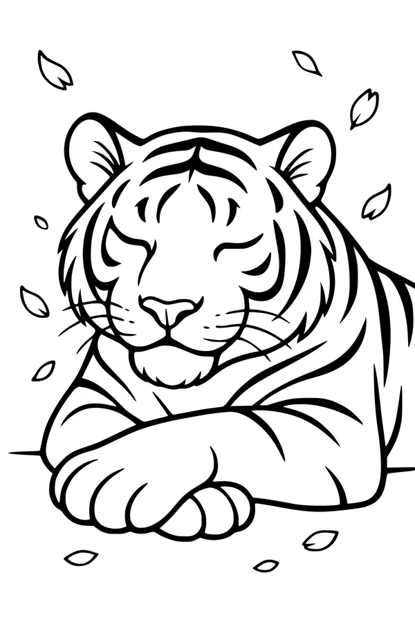 Free Tiger Coloring Page - Sleepy Tiger in Leafy Meadow (Printable PDF)