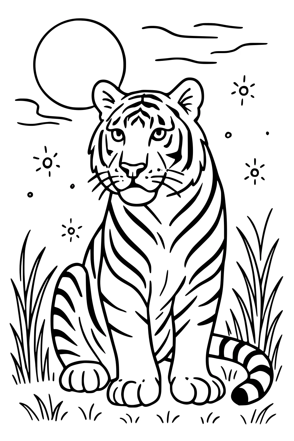Tiger sitting in grass beneath a large sun, with clouds and small flower doodles around.