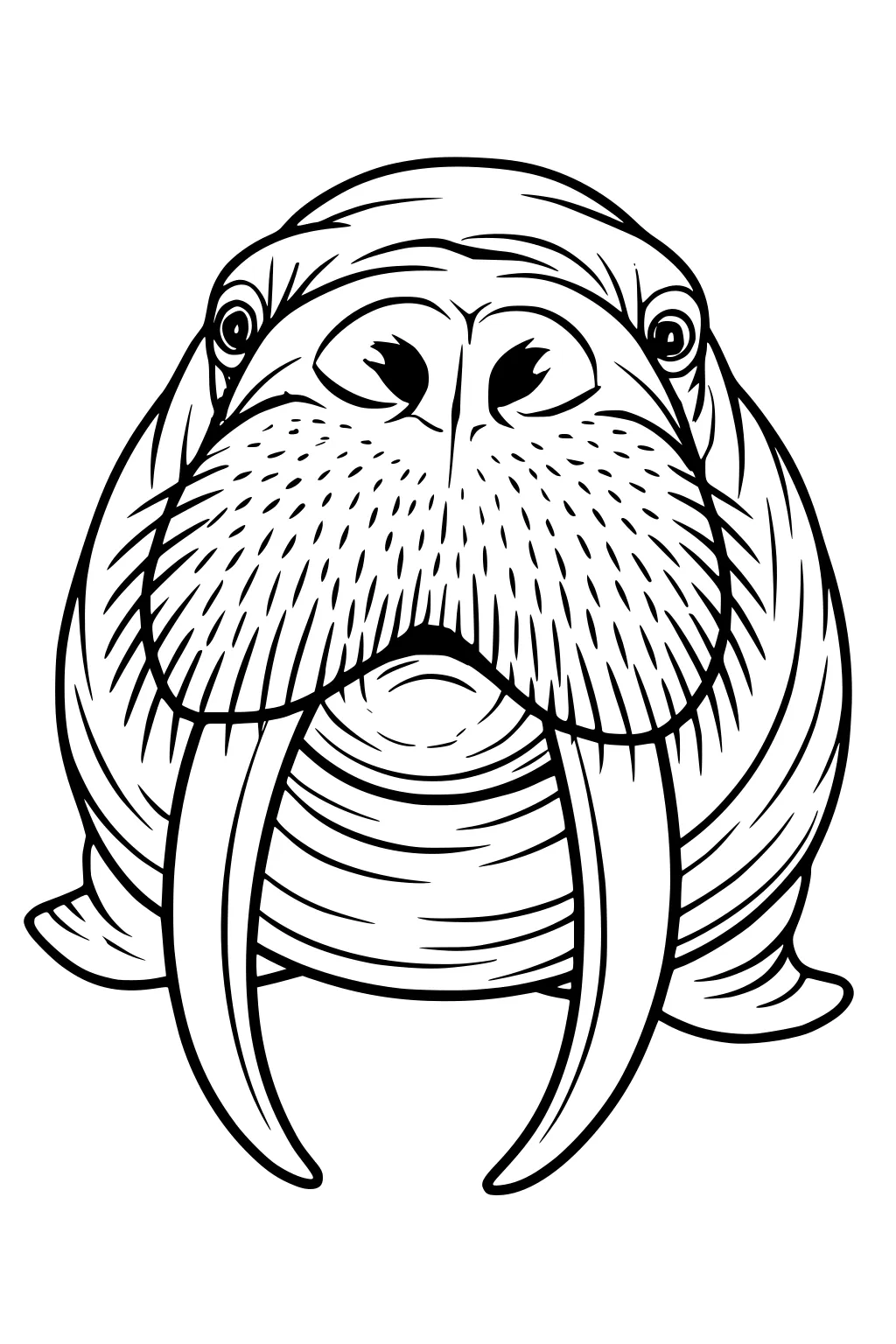 Close-up drawing of a walrus face with long tusks, round nose, bushy whiskers, and small twinkling eyes.