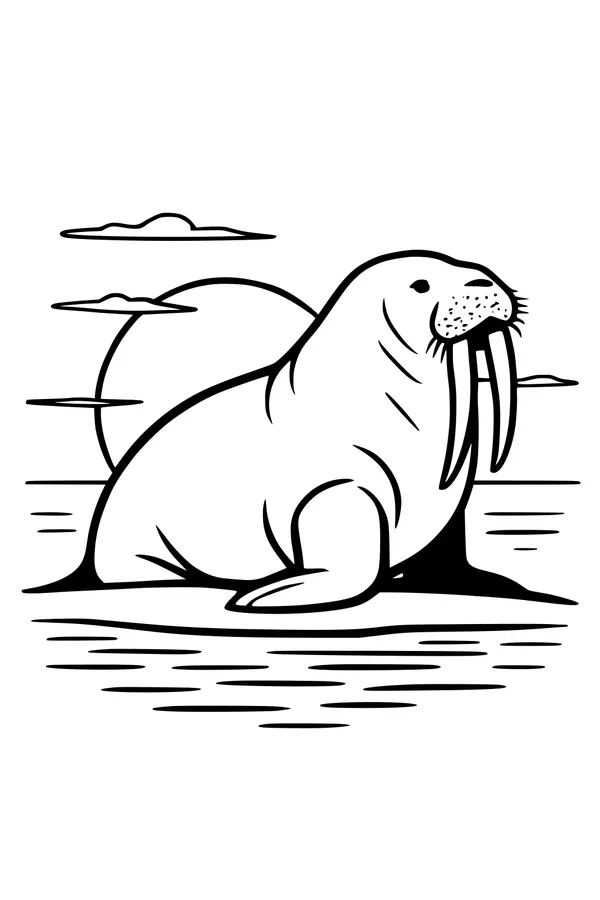 Free Walrus Coloring Page - Sunset Shoreline Scene (Printable PDF)