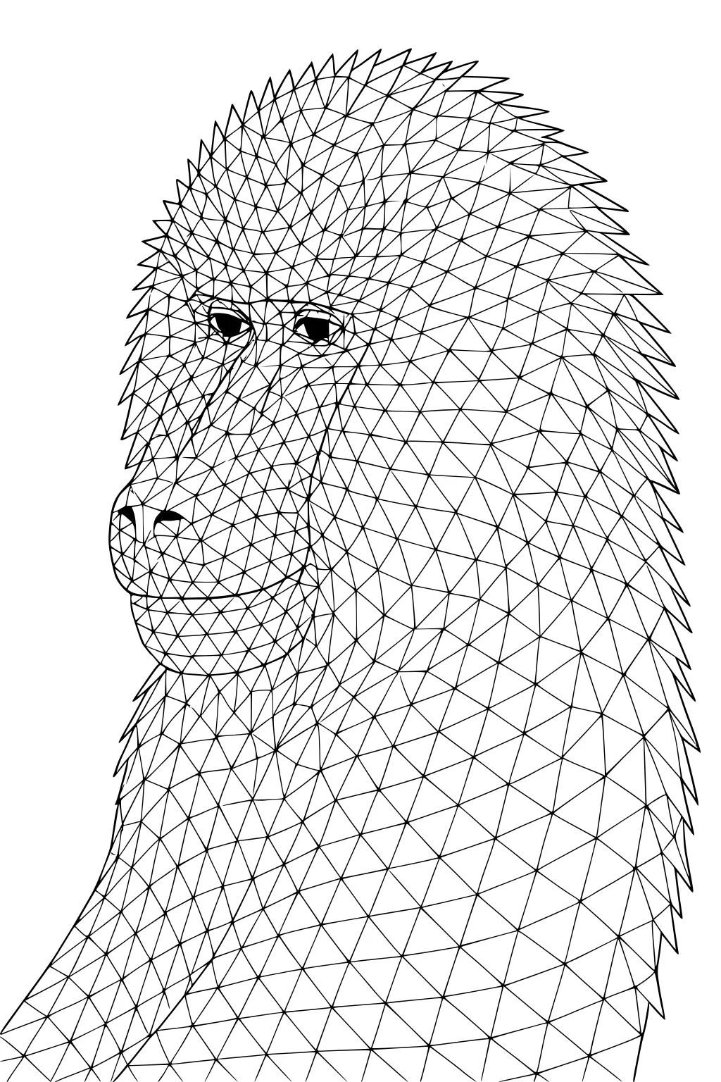 Baboon head in profile, outlined with geometric lines and small triangles across face and fur.