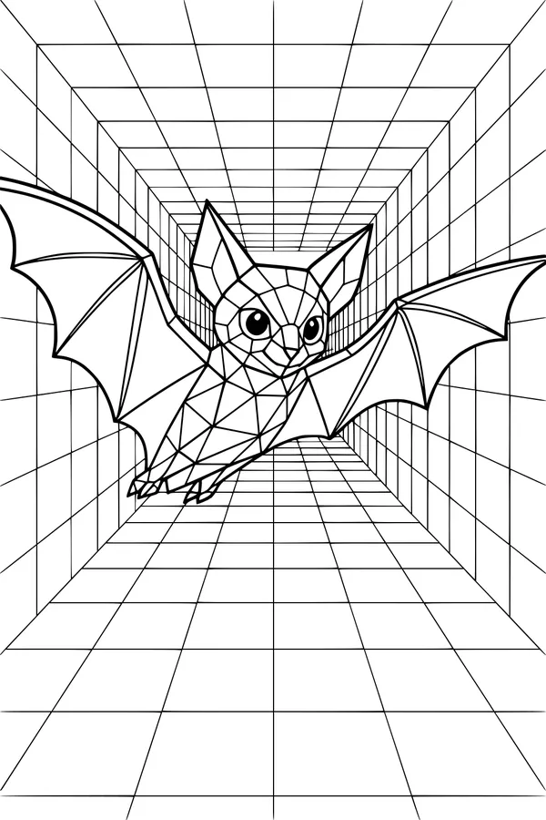 Free Bat Coloring Page - Geometric Bat in Grid Tunnel Maze (Printable PDF)