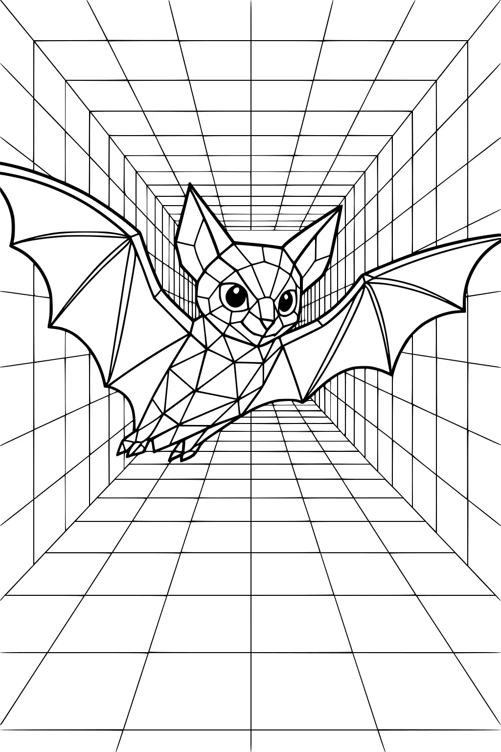 Geometric bat with large wings flies inside a long tunnel made of grid lines and squares.