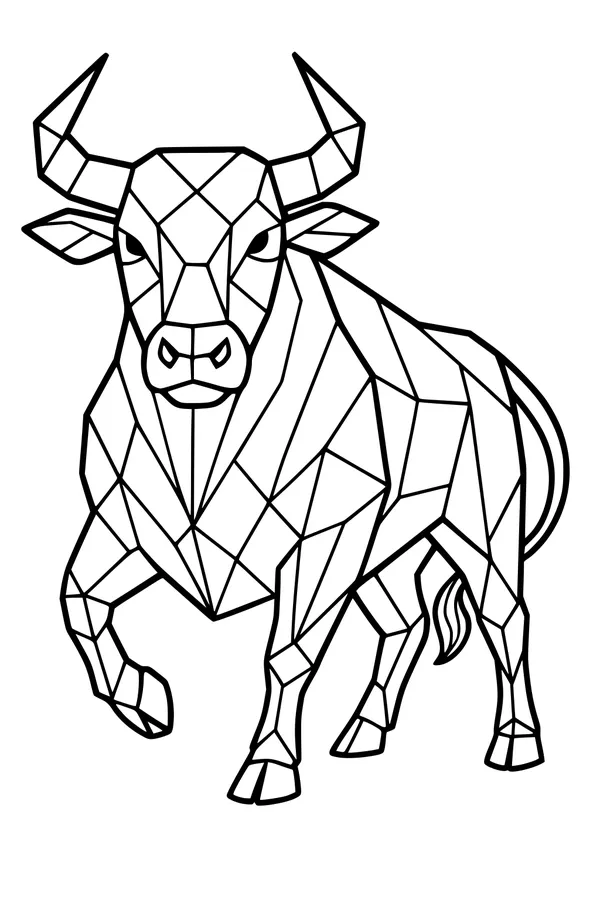 Free Bull Coloring Page - Geometric Bull With Bold Horns (Printable PDF)