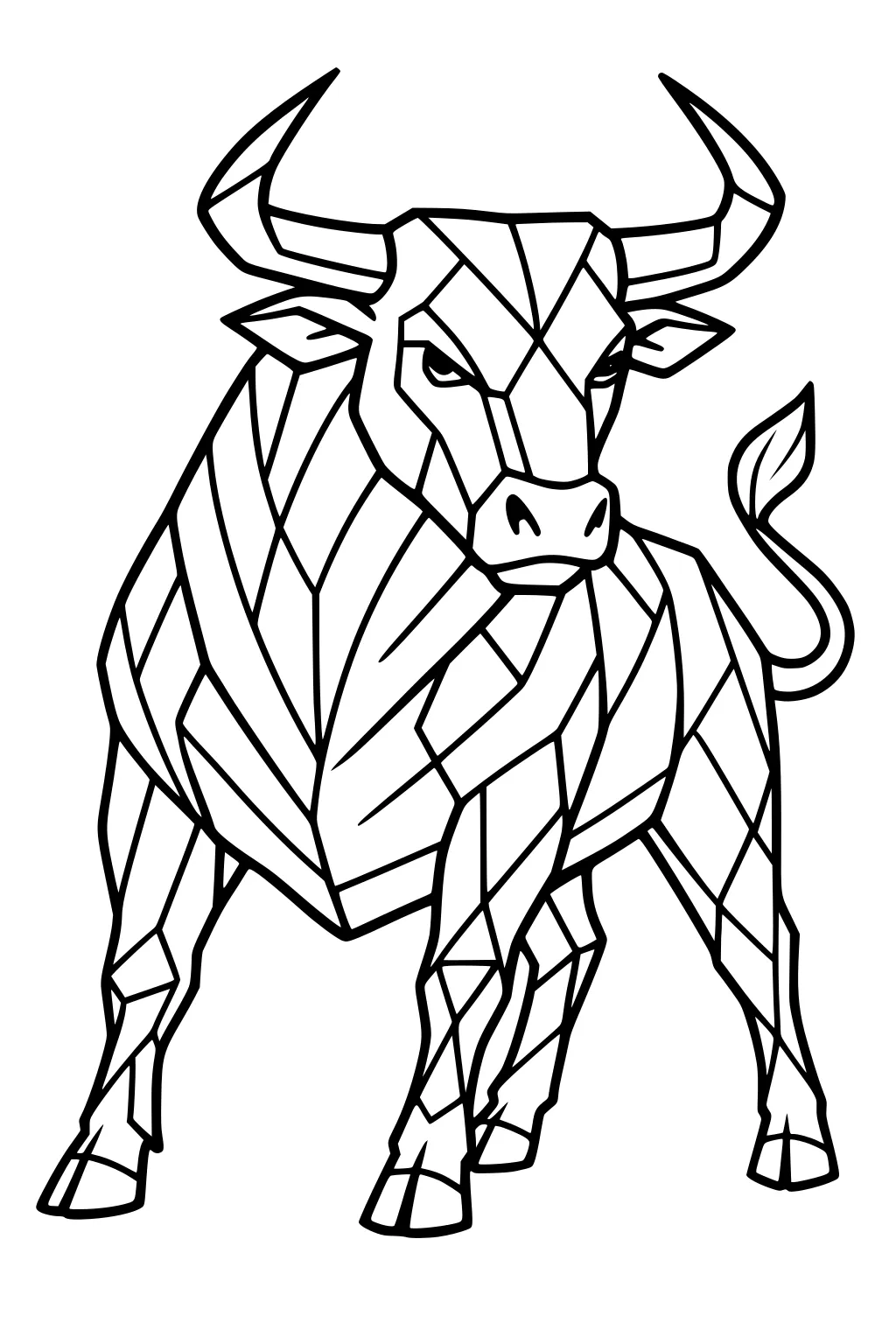 Geometric line drawing of a bull with large upward horns, puzzle-like body shapes, and a curved tail.
