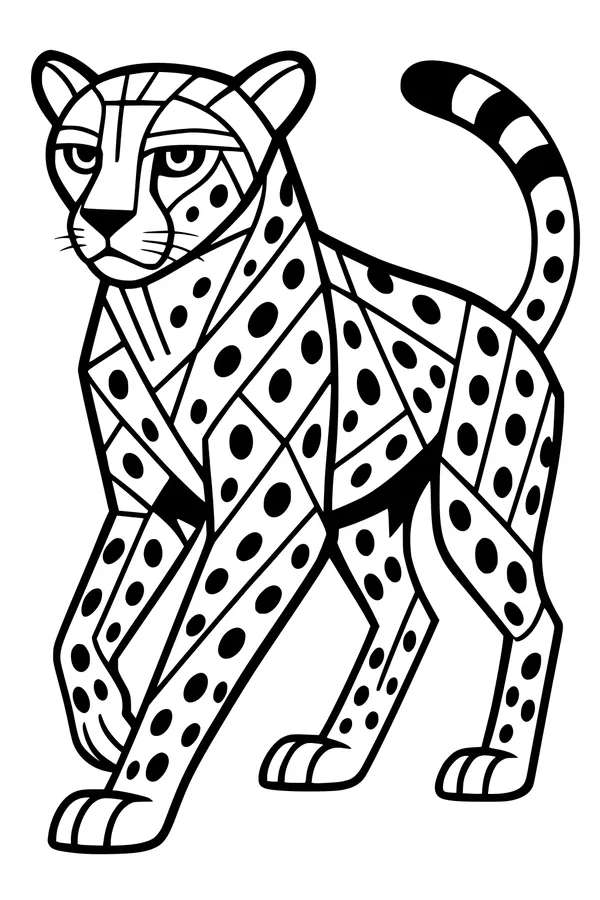 Free Cheetah Coloring Page - Geometric Spotted Cheetah in Savannah (Printable PDF)