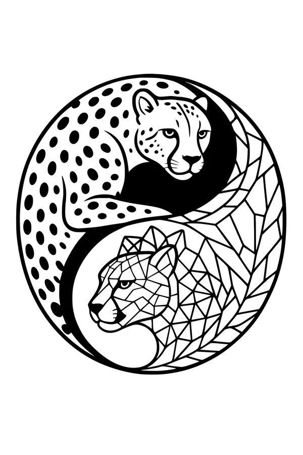 Free Cheetah Coloring Page - Yin Yang Cheetah Faces Design (Printable PDF)
