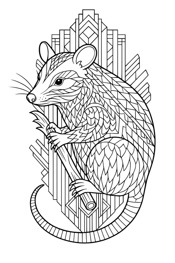 Free Opossum Coloring Page - Geometric Patterns on a Branch (Printable PDF)