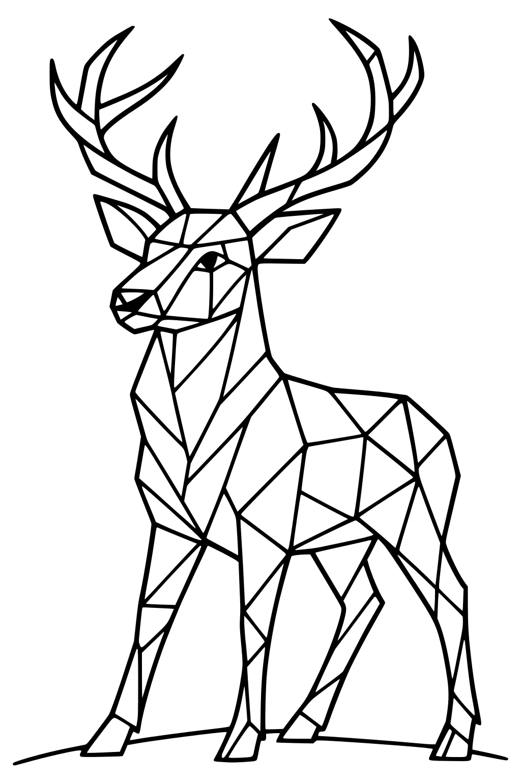 Polygonal geometric deer with tall antlers standing on a ground line, outlined in black.