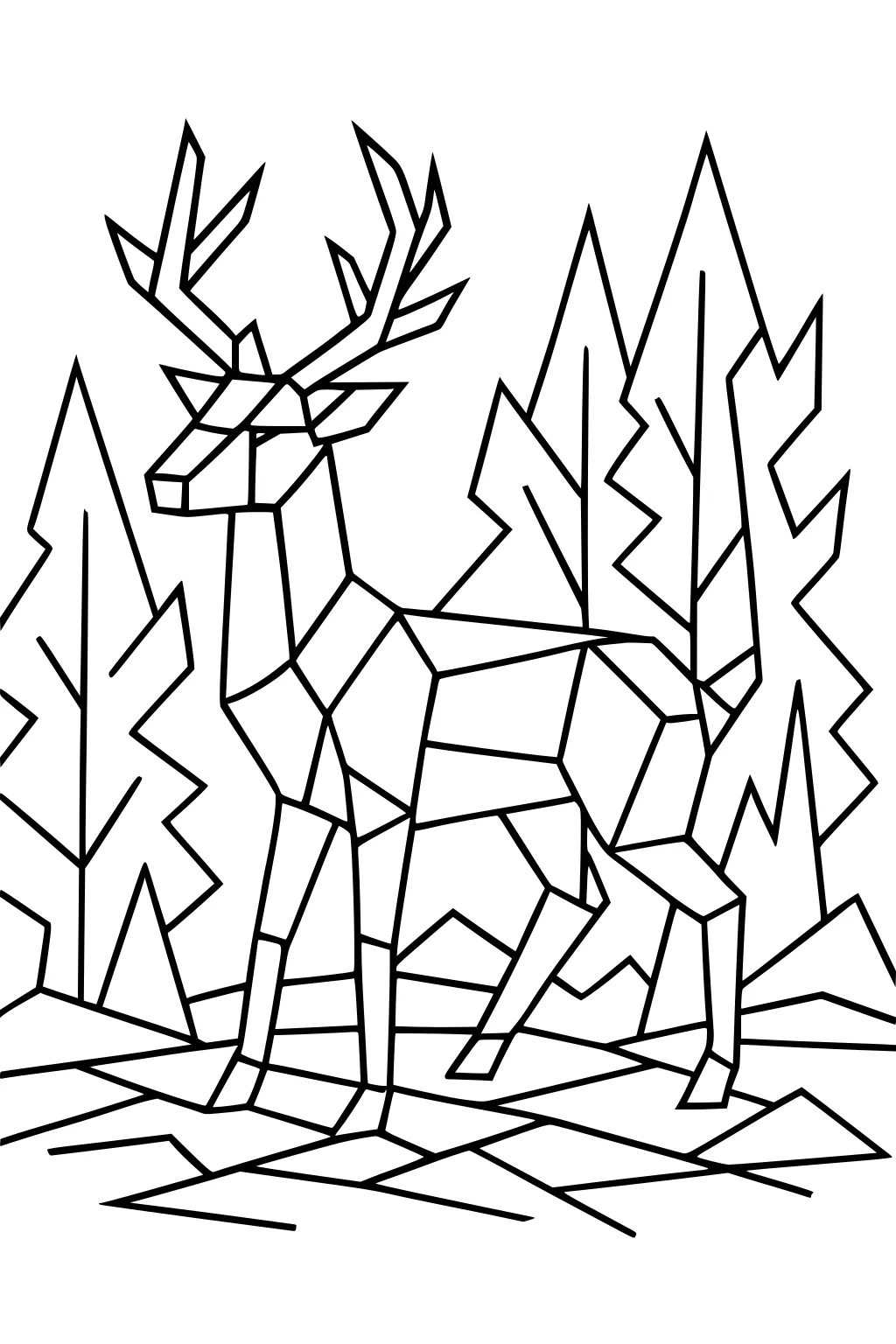 Geometric deer with antlers standing on angular ground, surrounded by pointed pine trees.