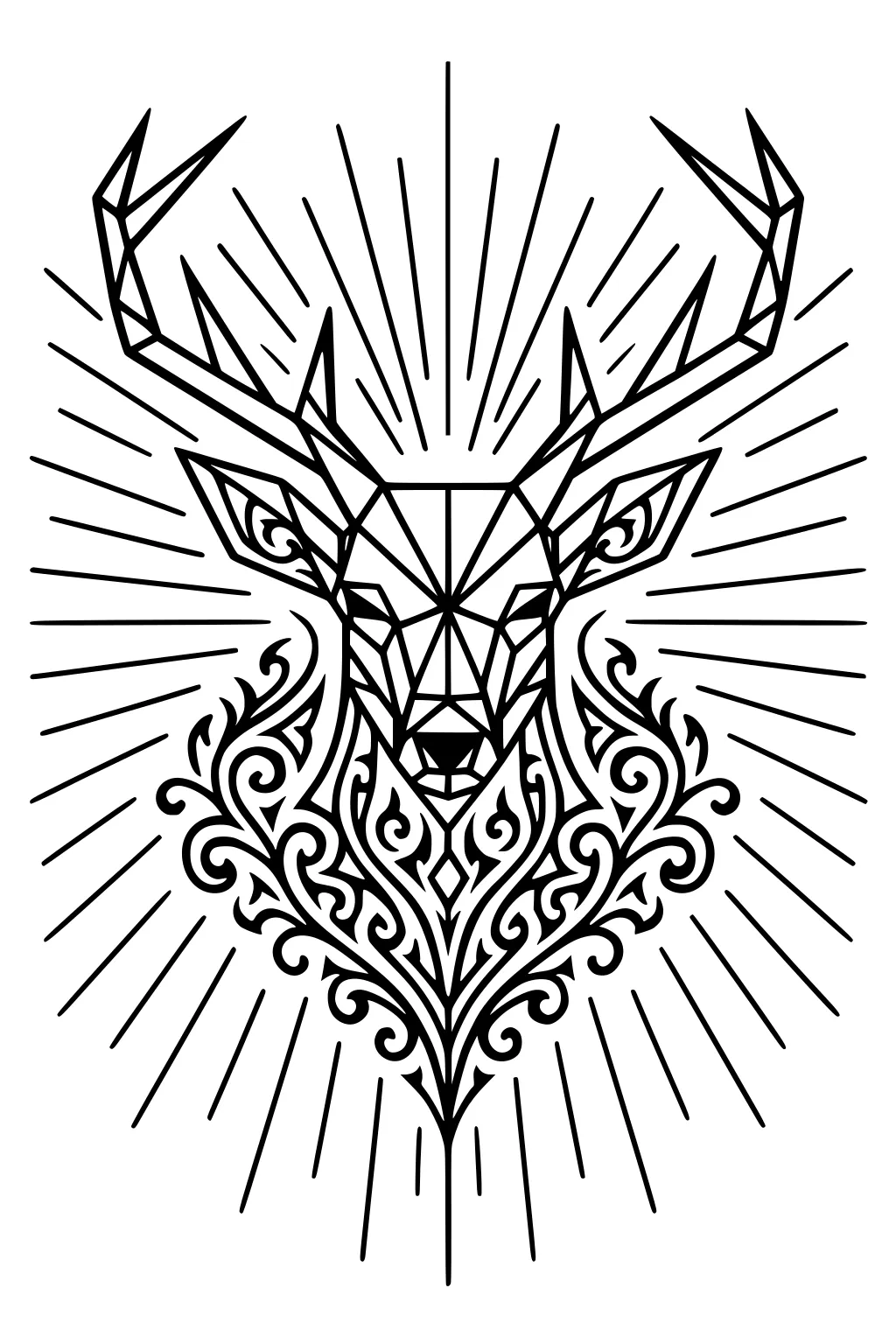 Geometric deer head with antlers, swirling decorative lines at neck, sunburst rays in background.