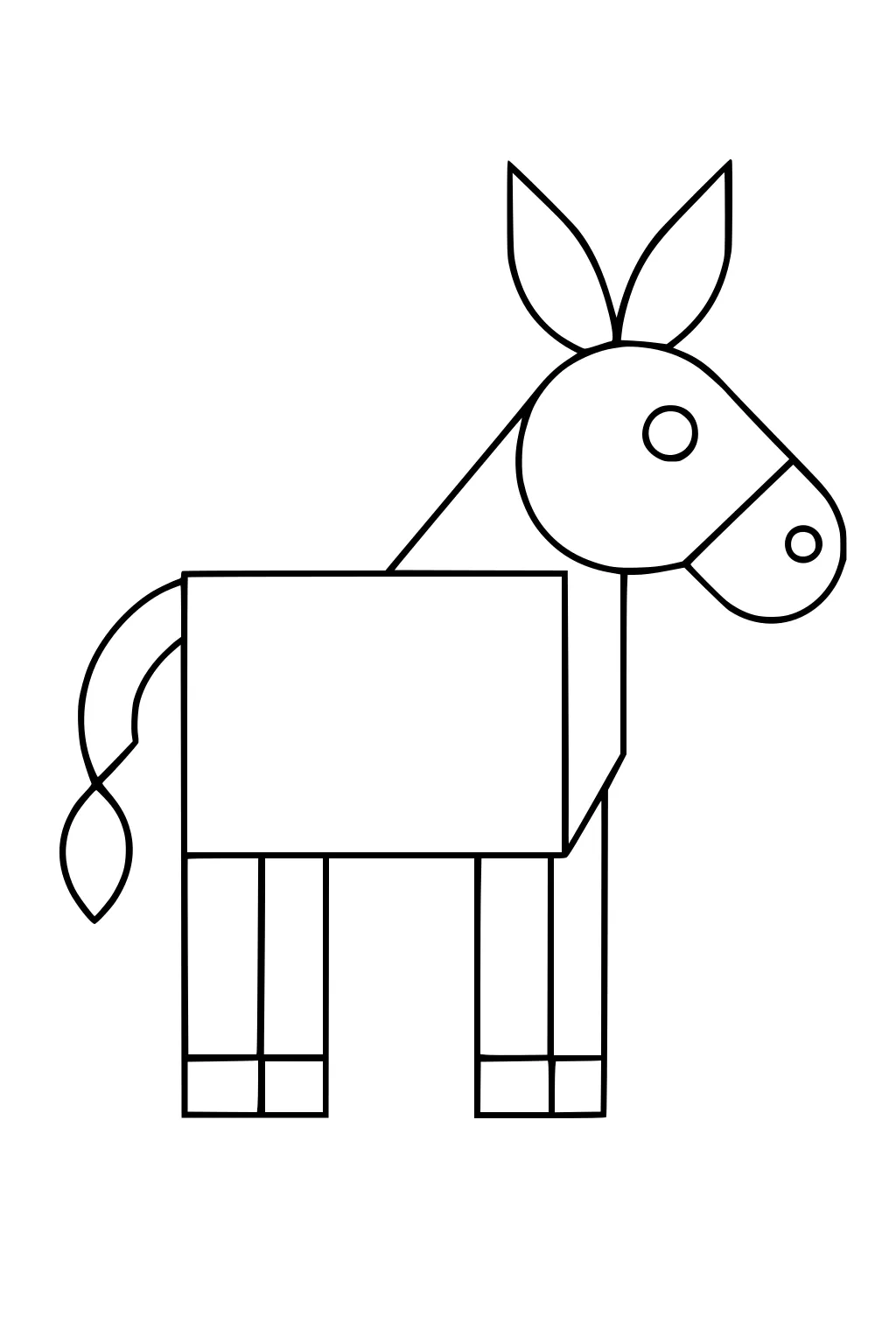 Donkey illustration built from simple shapes with upright ears, square body, round nose, and straight tail.